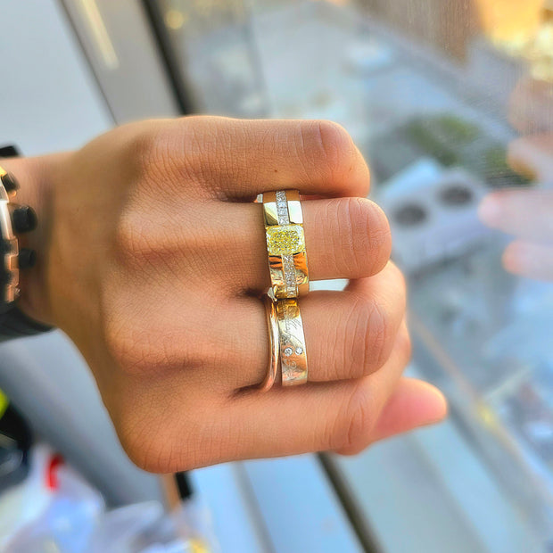 Lab Grown Elongated Radiant Fancy Intense Yellow and Princess Diamond Ring Tension & Channel Set IGI Certified