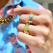 Lab Grown Elongated Radiant Fancy Intense Yellow and Princess Diamond Ring Tension & Channel Set IGI Certified