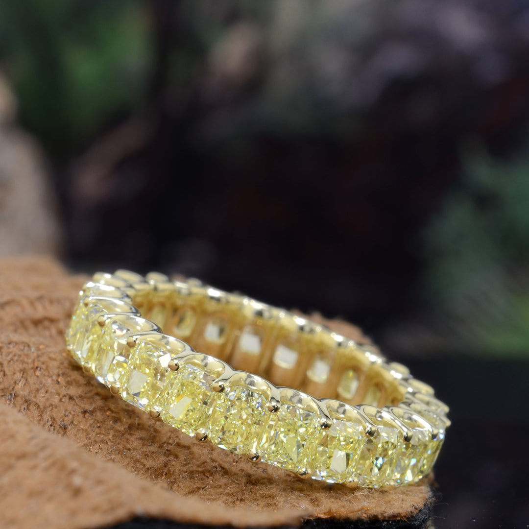 Gold eternity bandt with yellow diamonds on a brown surface