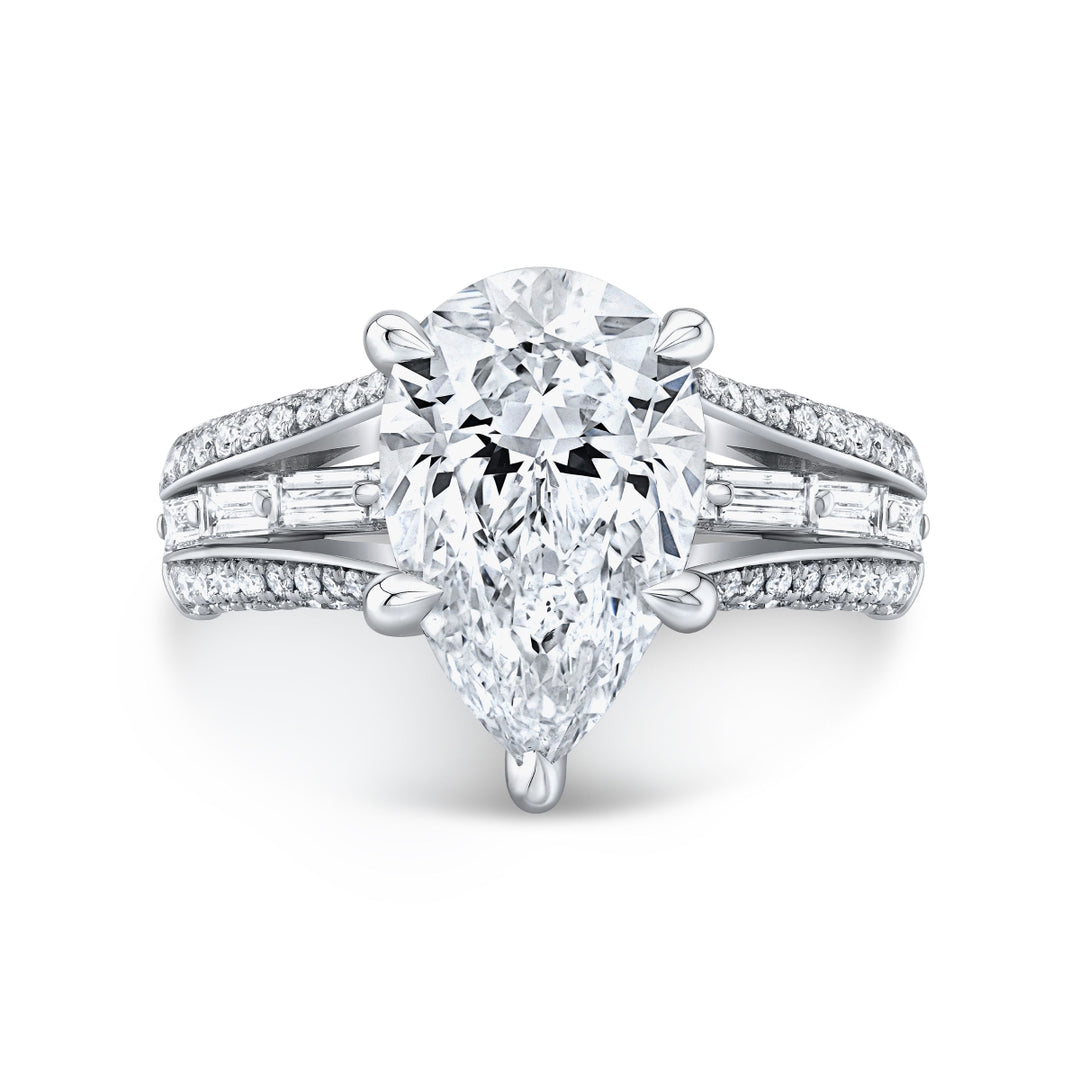 3.20 Ctw. Pear Cut, Baguette & Round Pave Split Shank Ring G Color VS1 GIA Certified