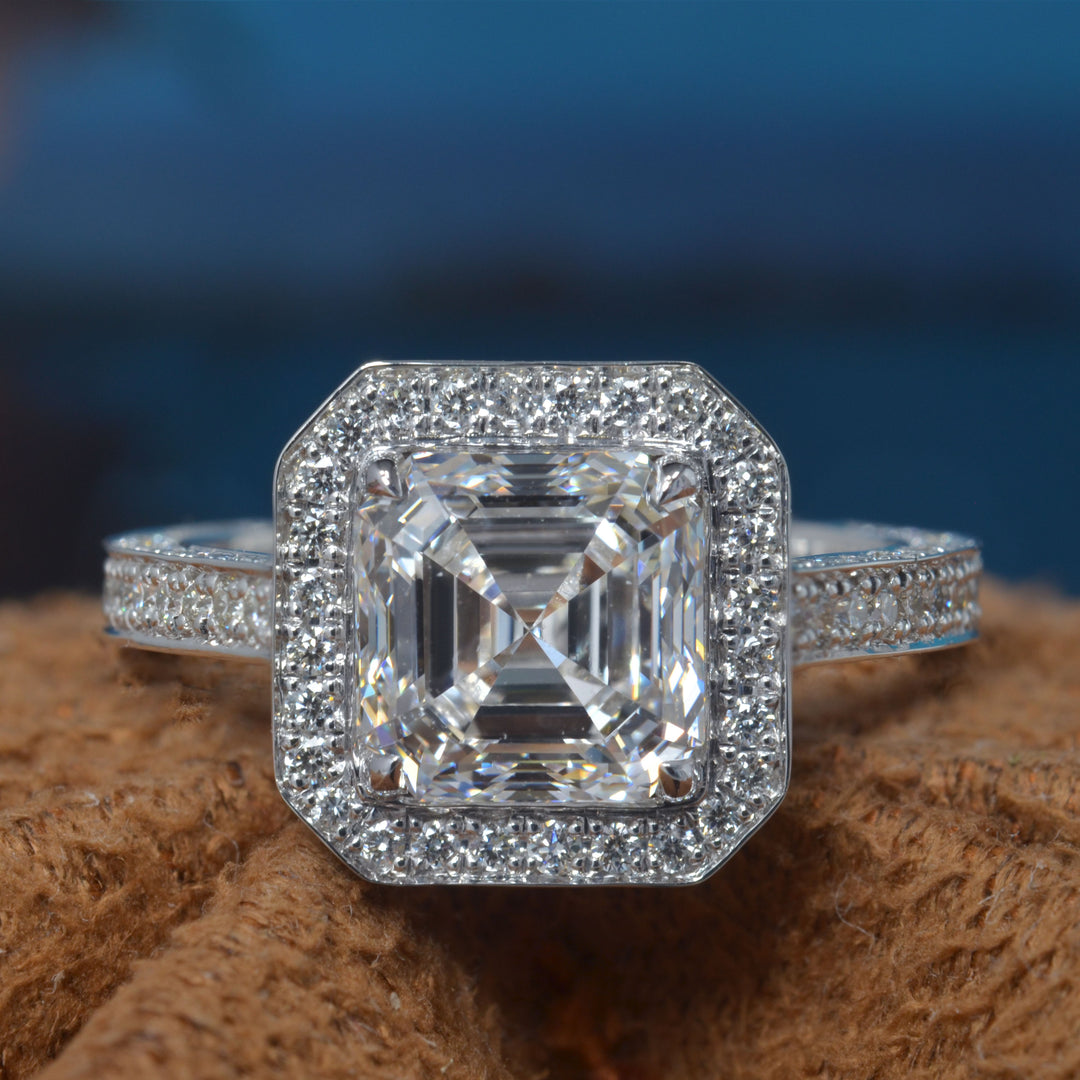 4.25 Ctw. Lux Asscher Cut Halo Engagement Ring & Band F Color VS1 GIA Certified