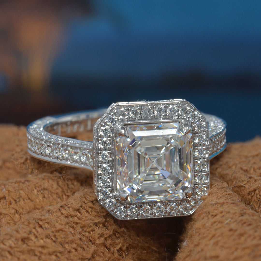4.25 Ctw. Lux Asscher Cut Halo Engagement Ring & Band F Color VS1 GIA Certified