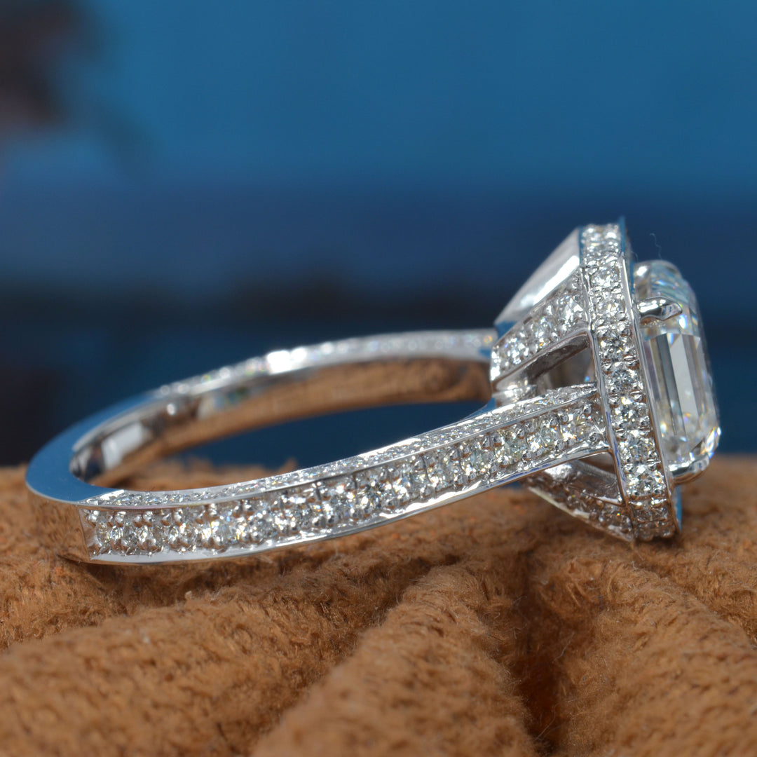 4.25 Ctw. Lux Asscher Cut Halo Engagement Ring & Band F Color VS1 GIA Certified