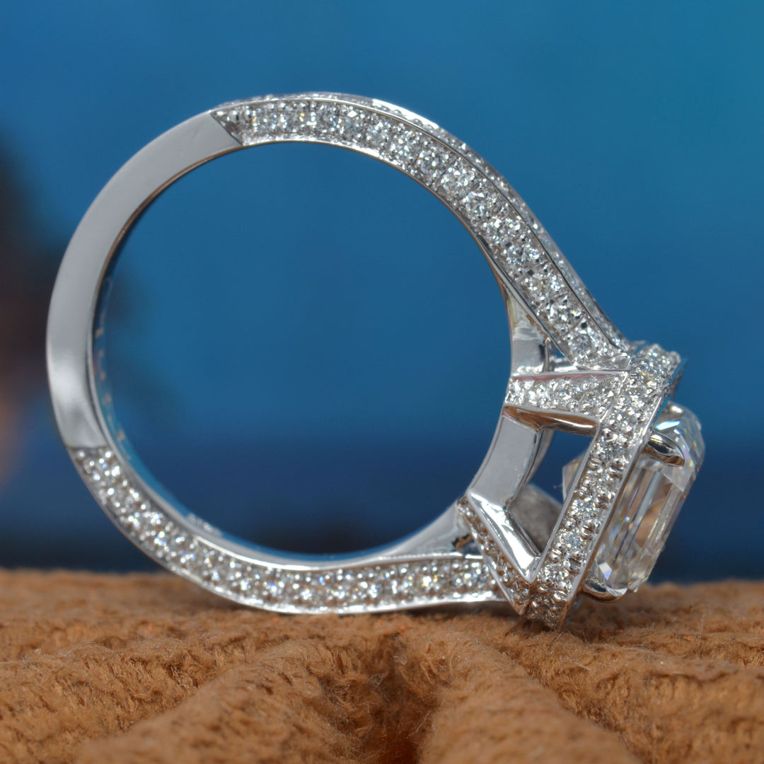 4.25 Ctw. Lux Asscher Cut Halo Engagement Ring & Band F Color VS1 GIA Certified