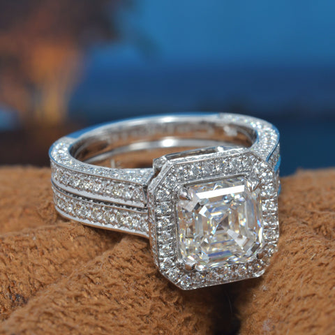 4.25 Ct Lux Asscher Cut Halo Engagement Ring Set F Color VS1 GIA Certified