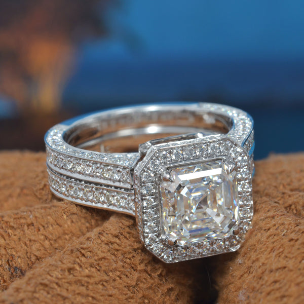 5.25 Ct Lux Asscher Halo Engagement Ring Set G Color VVS2 GIA Certified