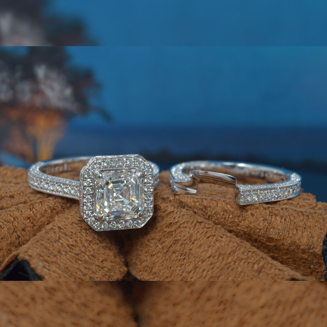 4.25 Ctw. Lux Asscher Cut Halo Engagement Ring & Band F Color VS1 GIA Certified