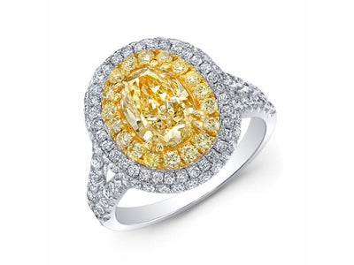 3.10 Ctw. Canary Fancy Yellow Oval Cut Double Halo Ring VVS2 GIA Certified