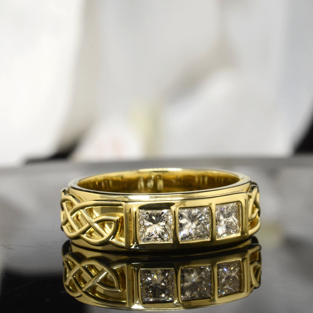 1.00 Ctw 3 Stone Princess Cut Men's Celtic Ring 6.65mm Width F Color VS1