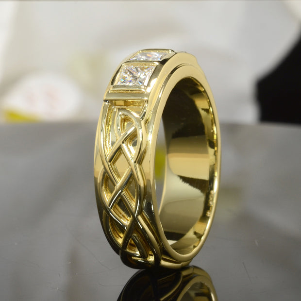 1.00 Ct. 3 Stone Princess Cut Men's Celtic Diamond Ring 6.65mm Width G Color VS2