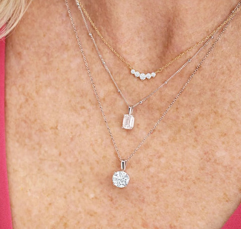 Lab Grown Round Cut Diamond Pendant with Chain on a model close up image