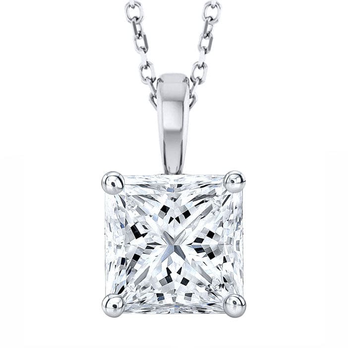 Princess cut solitaire pendant necklace front view with chain