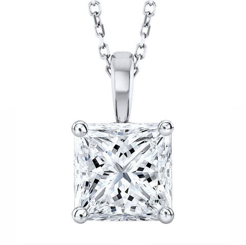 Princess cut solitaire pendant necklace front view with chain