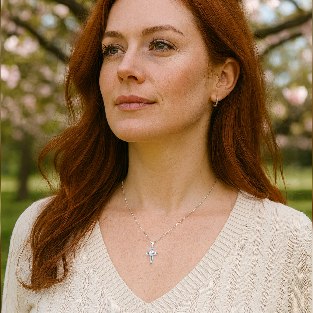 cross with 6 diamonds in white gold with pave on the side - front view with model