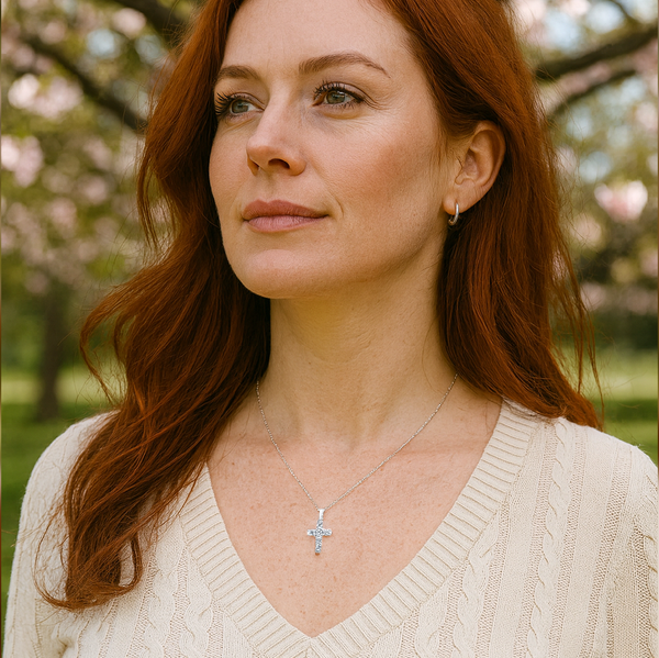 cross with 6 diamonds in white gold with pave on the side - front view with model