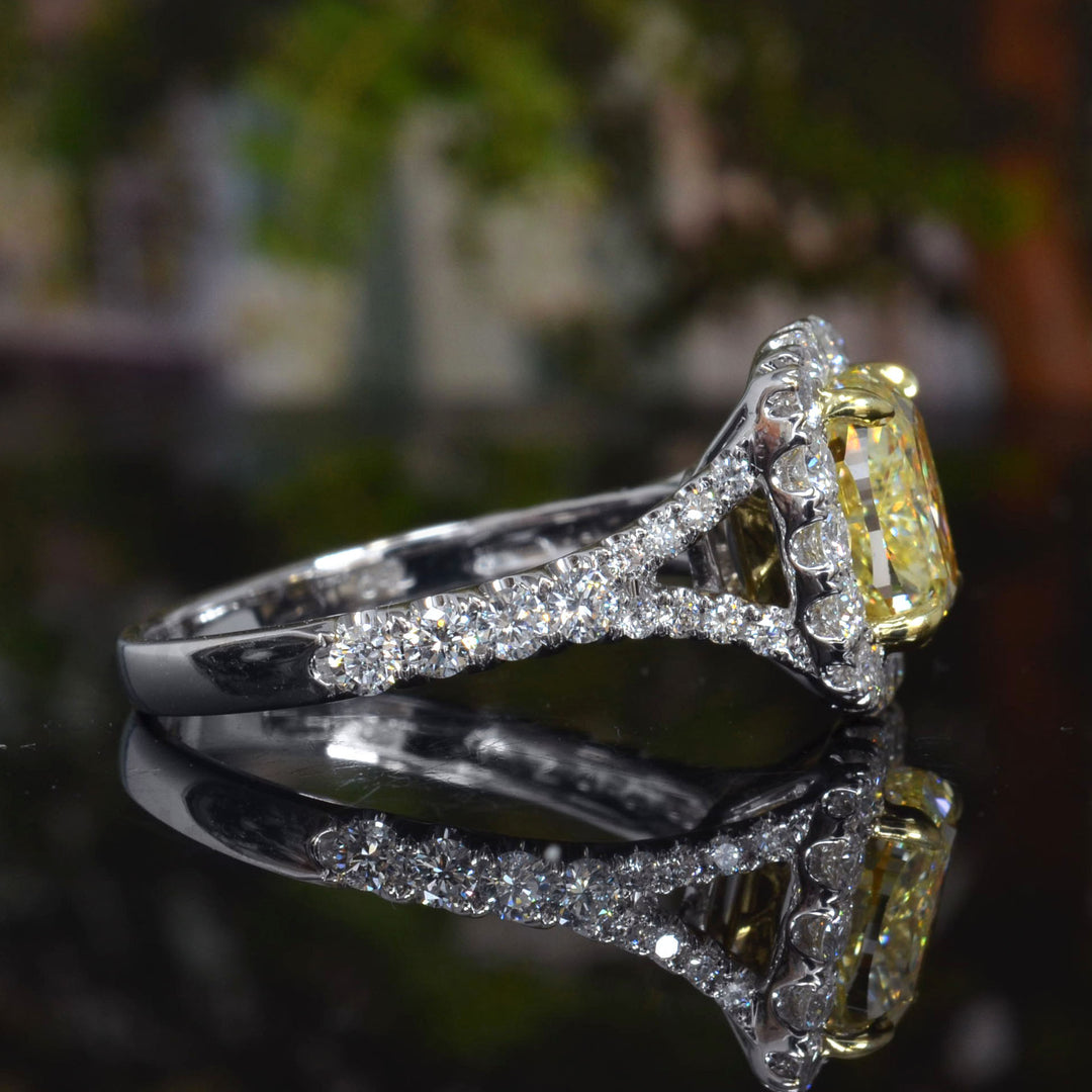 3.40 Ct. Canary Fancy Yellow Cushion Cut Split Shank Ring VS1 GIA Certified
