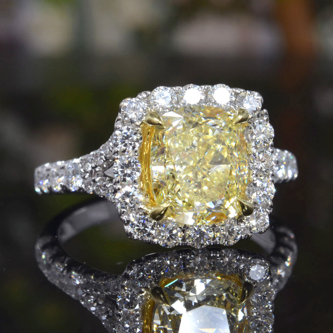 3.40 Ct. Canary Fancy Yellow Cushion Cut Split Shank Ring VS1 GIA Certified