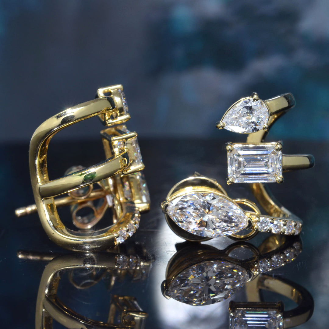 Multi-Shape Diamond Curved Crawler Earrings with Marquise, Emerald , Pear and pave Round cut in yellow gold side  & front view