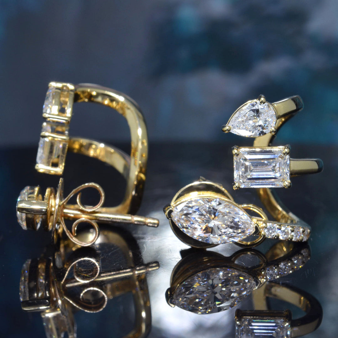 Multi-Shape Diamond Curved Crawler Earrings with Marquise, Emerald , Pear and pave Round cut in yellow gold side  & front view