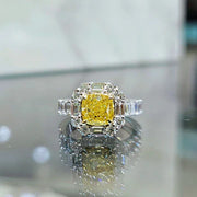 Lab Grown Yellow Cushion Cut Halo Baguette & Round Diamond Ring VVS2 IGI Certified