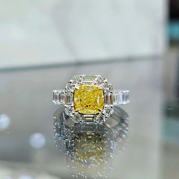 Lab Grown Yellow Cushion Cut Halo Baguette & Round Diamond Ring VVS2 IGI Certified