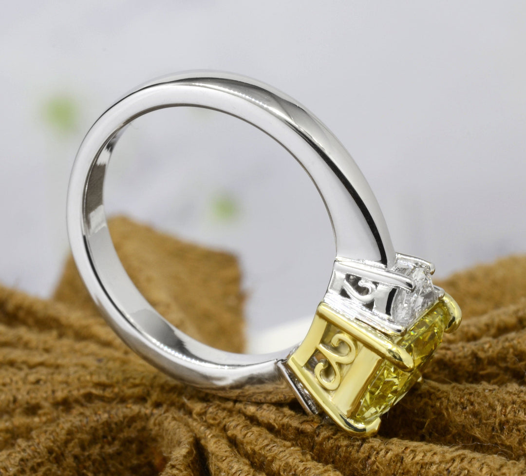 2.10 Ctw Fancy Light Yellow Emerald & Half Moons 3 Stone Ring VS2 GIA Certified