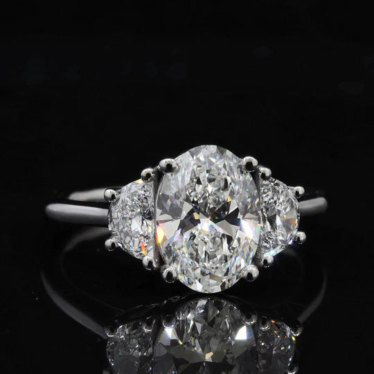 Oval Cut 3-Stone with Half Moon Diamond Ring in white gold