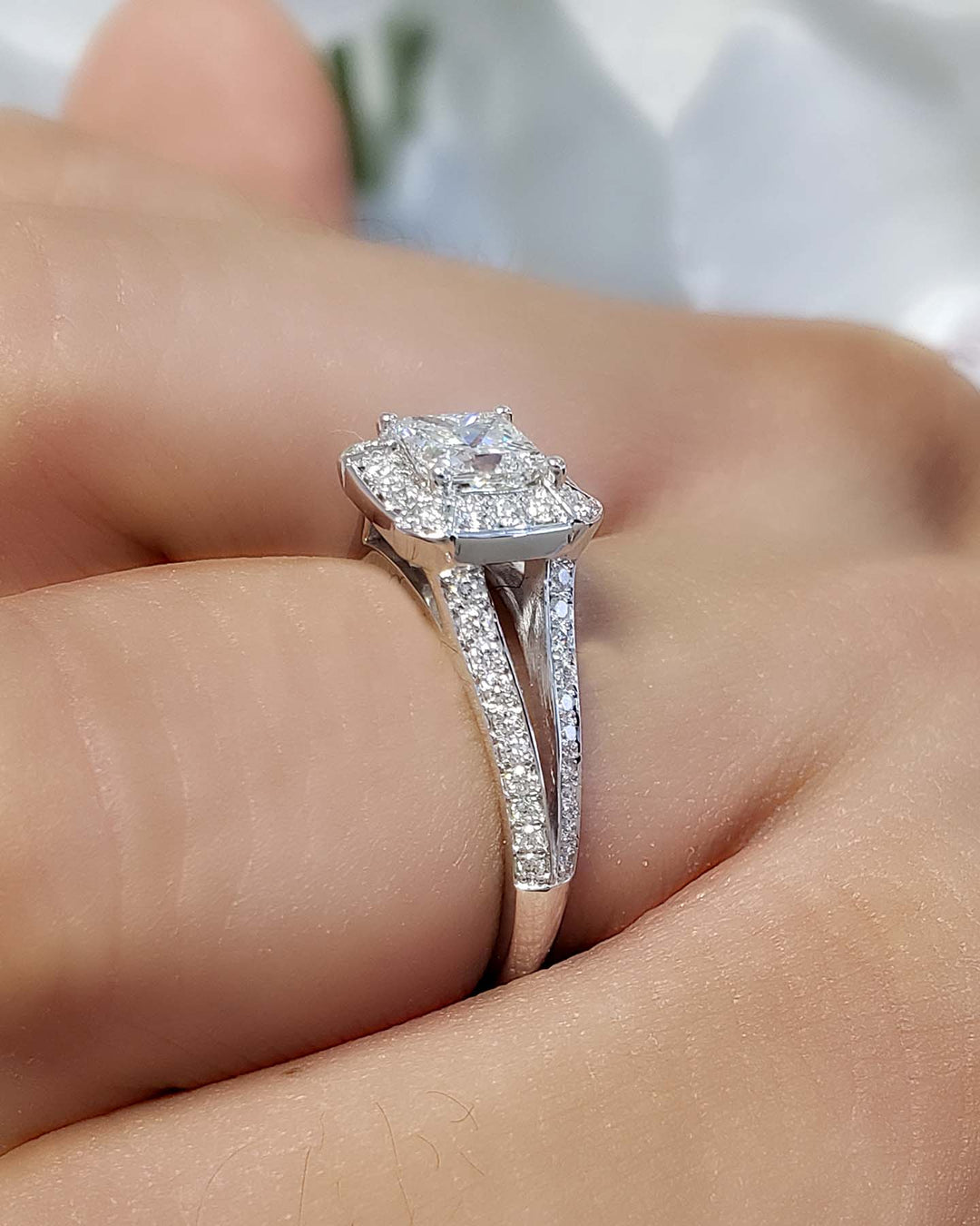 1.30 Ctw Halo Princess Cut Split Shank Diamond Ring F Color VVS2 GIA Certified