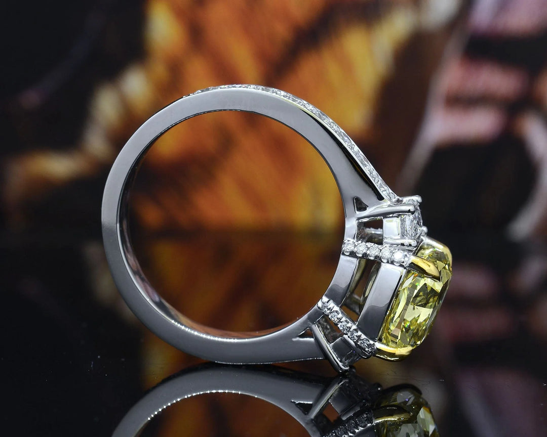 Lab Grown Yellow Cushion Cut with Half Moon Diamond Pave Ring VVS2 IGI Certified