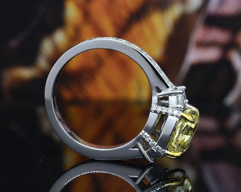 Lab Grown Yellow Cushion Cut with Half Moon Diamond Pave Ring VVS2 IGI Certified