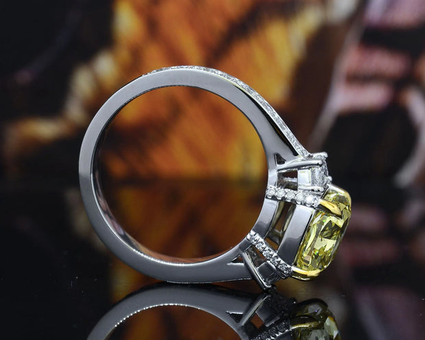 Lab Grown Yellow Cushion Cut with Half Moon Diamond Pave Ring VVS2 IGI Certified