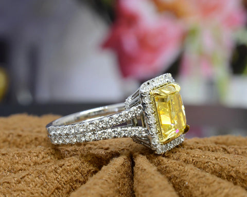 Lab Grown Elongated Radiant Cut Yellow Diamond Halo Split Shank Ring VVS2 IGI Certified