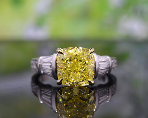 Lab Grown Yellow Cushion Cut, Baguette & Round Diamond Ring VVS2 IGI Certified