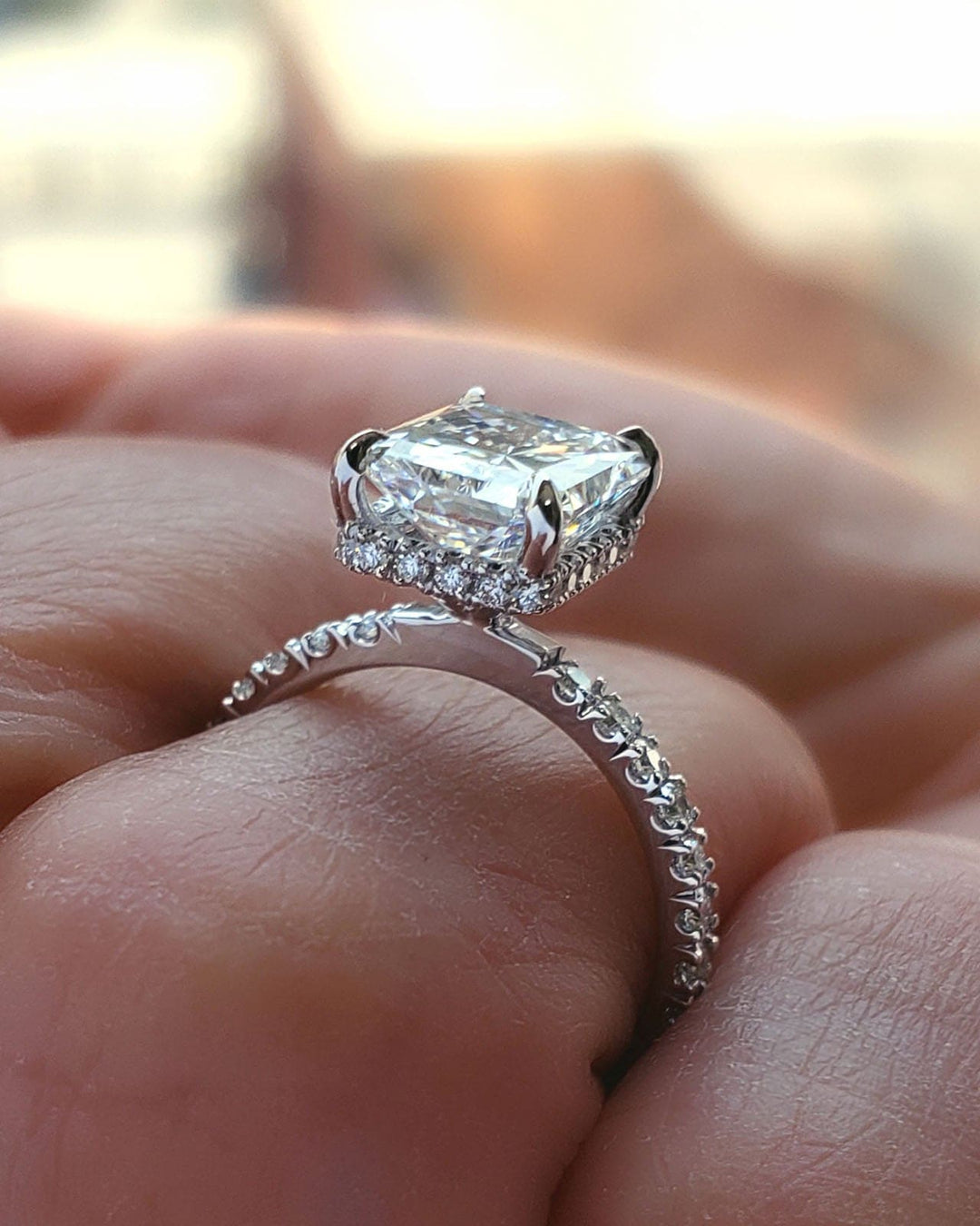 2.00 Ctw. Hidden Halo Elongated Radiant Engagement Ring E Color VS1 GIA Certified