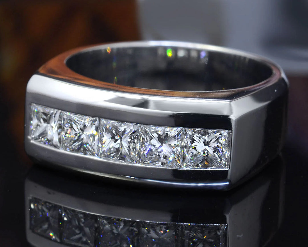 Lab Grown Men's Princess Cut 5 Stone Channel Set Ring 10mm IGI Certified