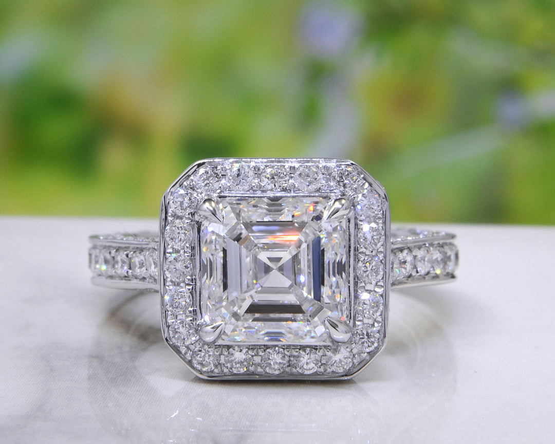 5.25 Ct Lux Asscher Halo Engagement Ring Set G Color VVS2 GIA Certified