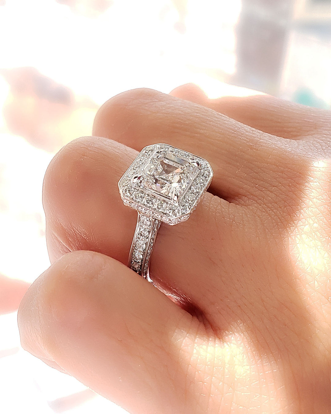 5.25 Ct Lux Asscher Halo Engagement Ring Set G Color VVS2 GIA Certified