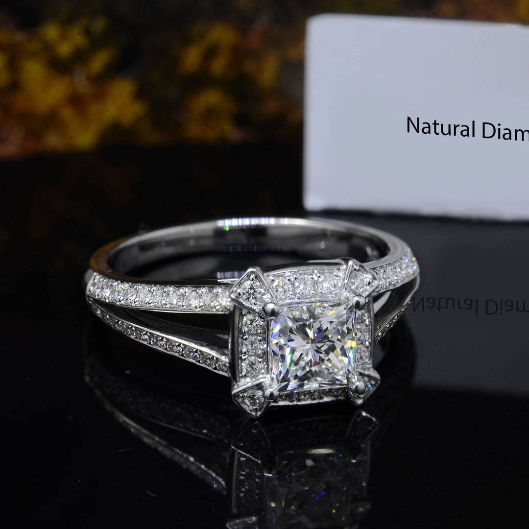 1.30 Ctw Halo Princess Cut Split Shank Diamond Ring F Color VVS2 GIA Certified
