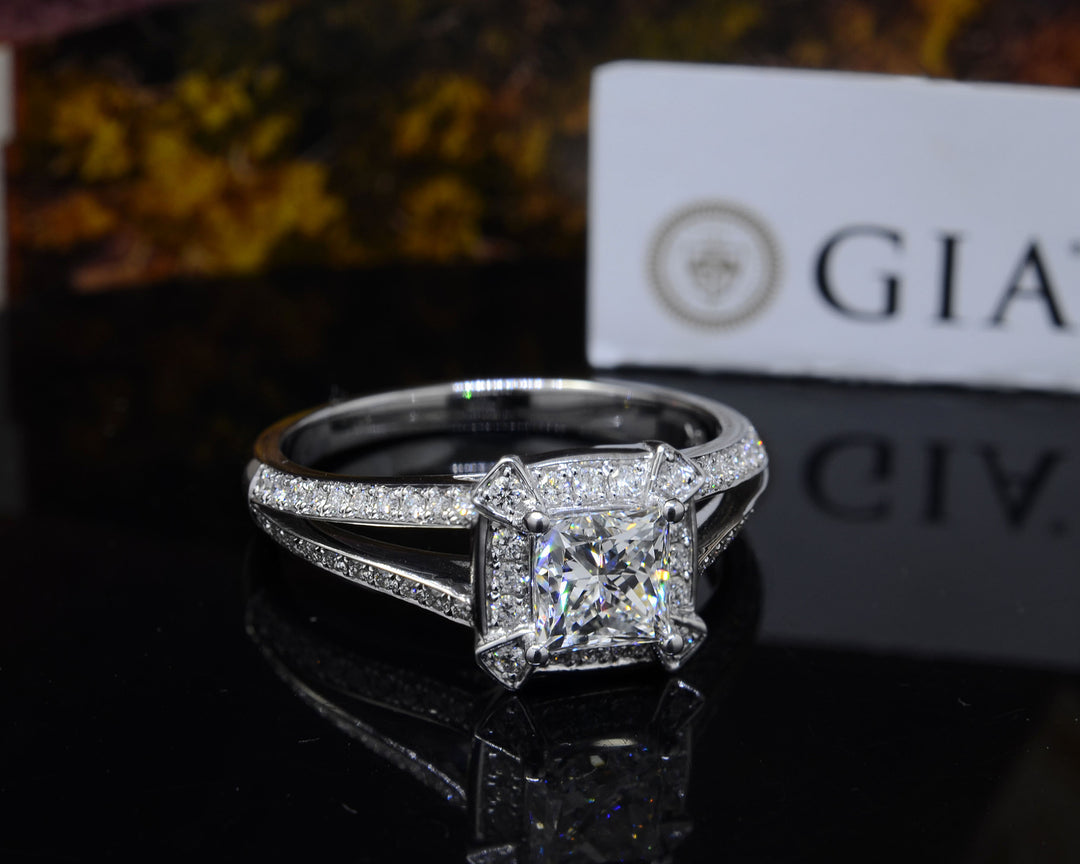 1.30 Ctw Halo Princess Cut Split Shank Diamond Ring F Color VVS2 GIA Certified