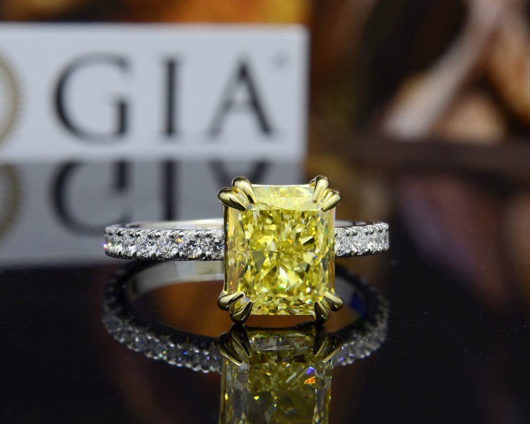 3.25 Ct Hidden Halo Elongated Fancy Light Yellow Radiant Cut Diamond Ring VS2 GIA Certified 14k Gold
