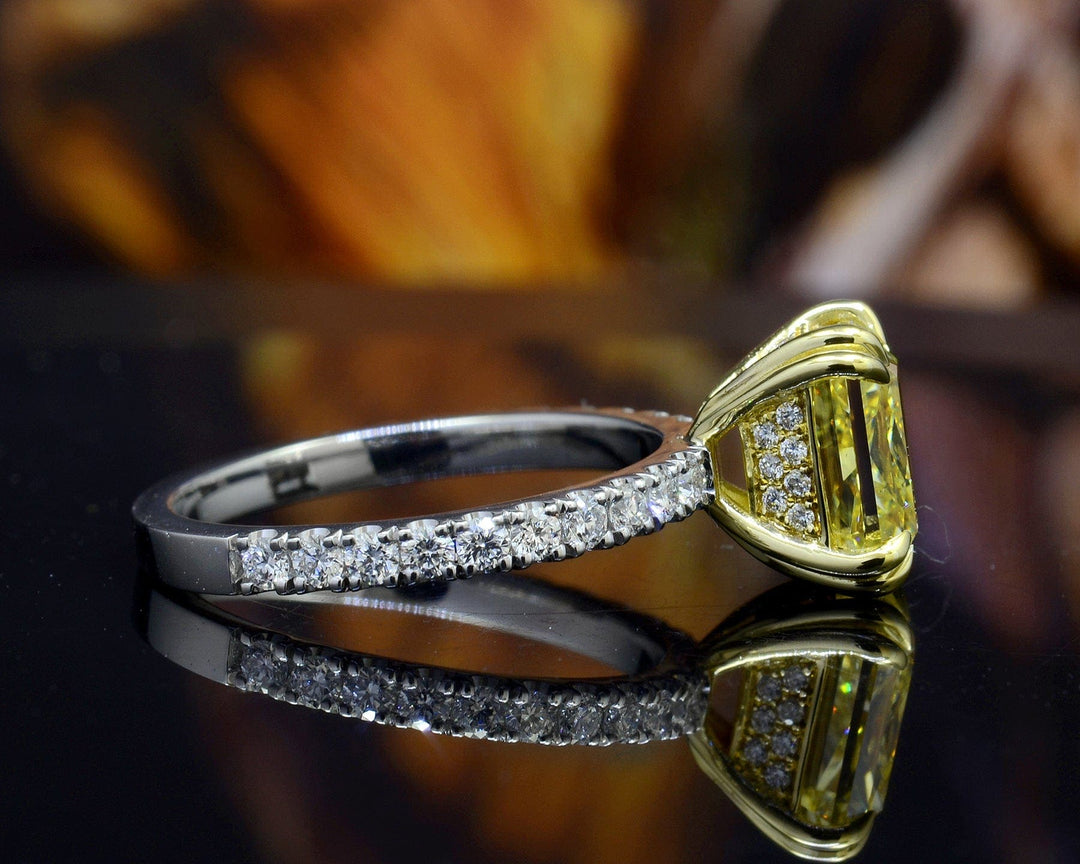 3.25 Ct Hidden Halo Elongated Fancy Light Yellow Radiant Cut Diamond Ring VS2 GIA Certified 14k Gold