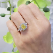 2.00 Ct Canary Fancy Yellow Cushion Halo & Trapezoids Diamond Ring VVS2 GIA Certified