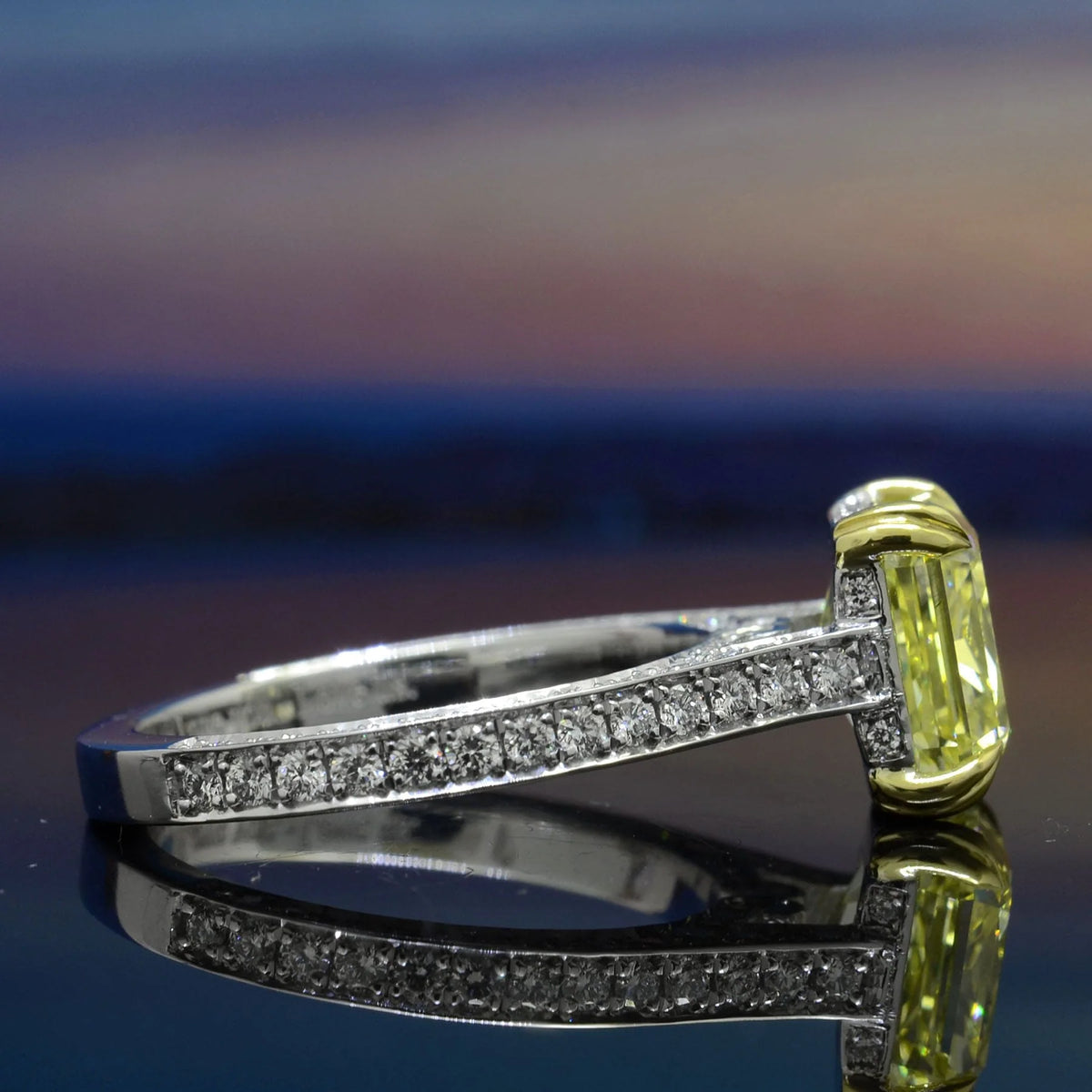 Lab grown yellow radiant cut diamond 3 row pave eternity ring vvs2 igi certified