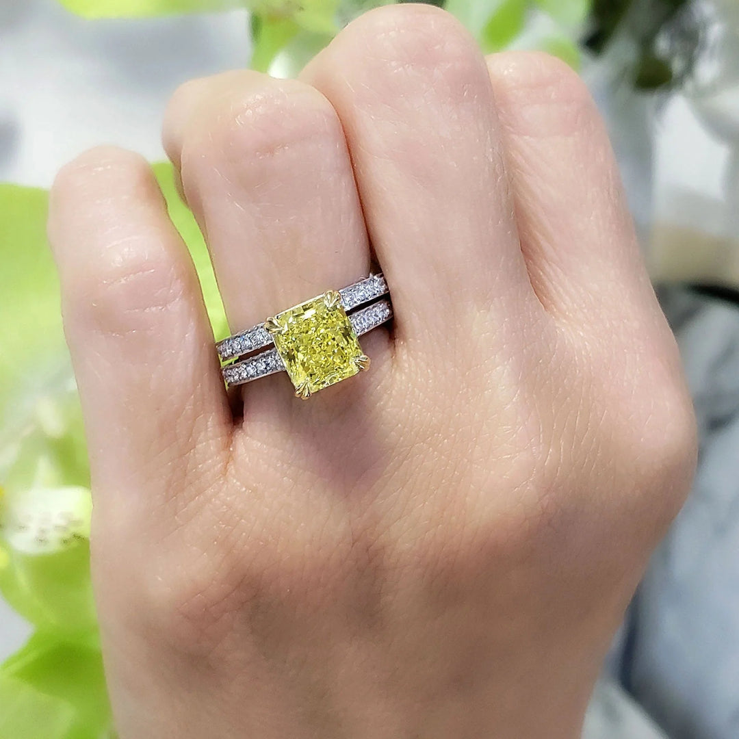 Lab Grown Yellow Radiant Cut Diamond 3-Row Pave Eternity Ring VVS2 IGI Certified