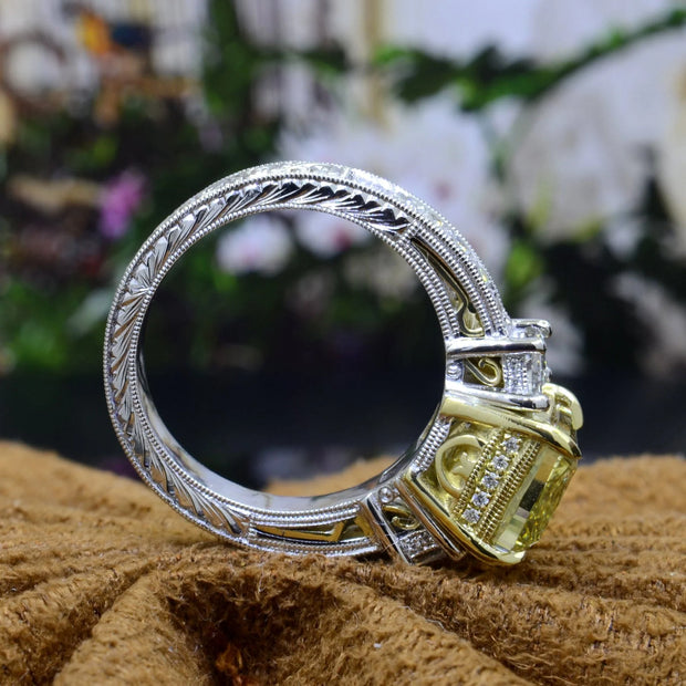 Lab Grown Yellow Cushion Cut Diamond Art-Deco Engagement Ring VVS2 IGI Certified