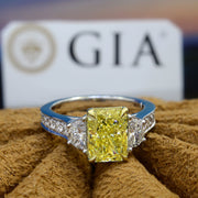 3.95 Ct. Canary Fancy Intense Yellow Radiant & Half Moon Ring VS2 GIA Certified