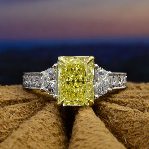 3.45 Ct. Canary Fancy Intense Yellow Radiant & Half Moon Ring VVS2 GIA Certified