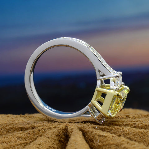 3.95 Ct. Canary Fancy Intense Yellow Radiant & Half Moon Ring VS2 GIA Certified