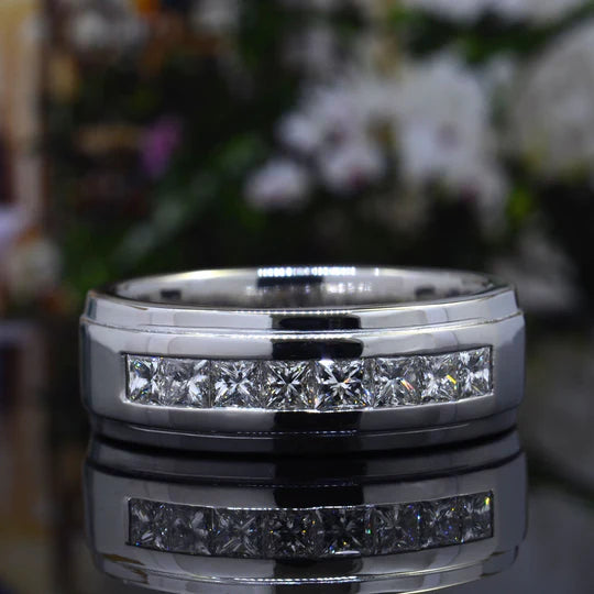 Lab Grown 8-Stone Princess Cut Diamond Channel Men's Ring 8mm (1.00 Ctw)