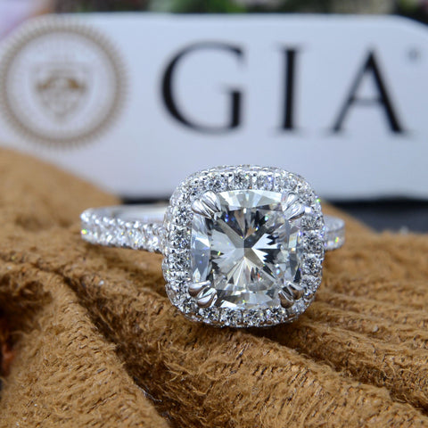 3.40 Ct. Cushion Cut Pave Halo Diamond Ring J Color VS1 GIA Certified